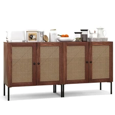 Set of 2 Rattan Buffet Sideboard Wine Cabinet Cupboard w/Adjustable Shelf Walnut