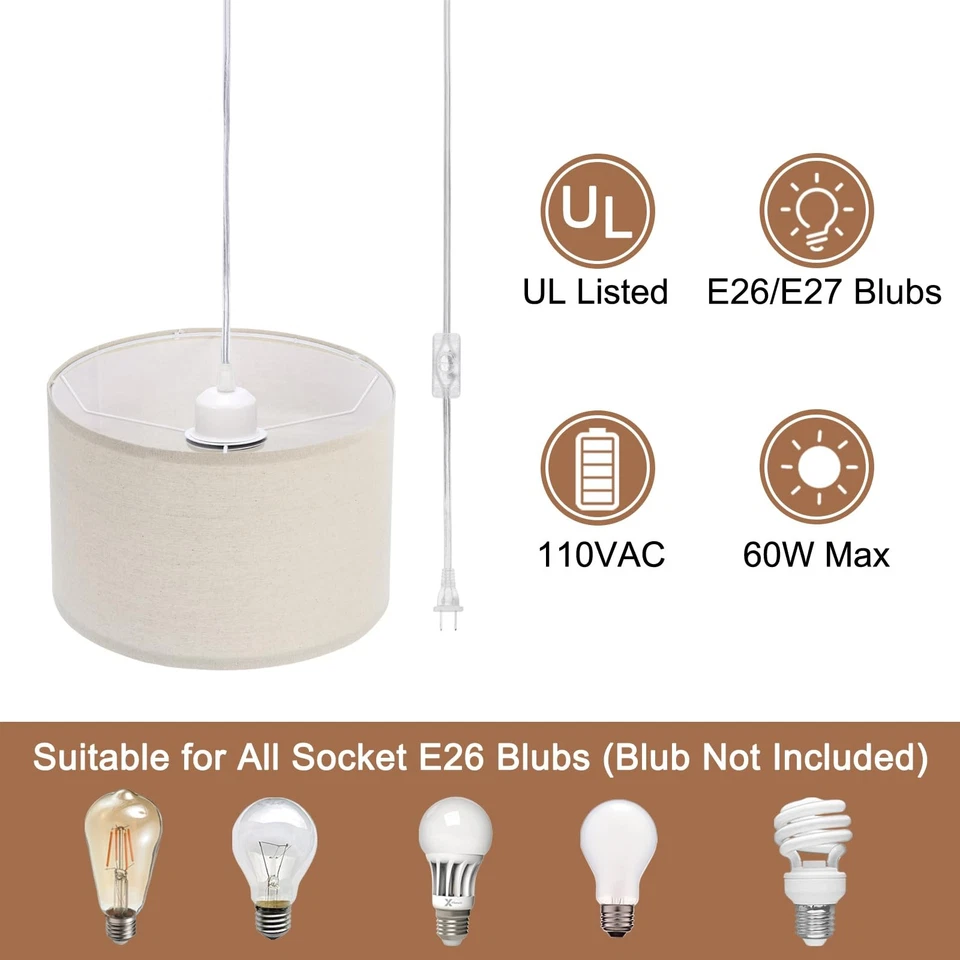 Plug in Pendant Light, 15Ft Rope Cord Hanging Lamp Fixture with ON/Off Switch... - Image 3 of 4