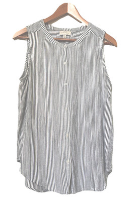 Lucky Brand M Striped Henley Tunic Blouse Shirt Top Sleeveless Buttons Ties U35
