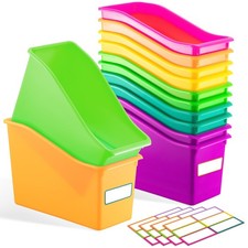 Geetery 12 Pcs Book Bin Classroom Labels Stackable Plastic Organizing Bins 11.5