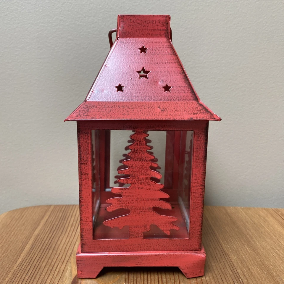 Red Metal Lantern with Glass, Christmas Tree Design, and Latching Door (w/ FLAW) - Image 3 of 4