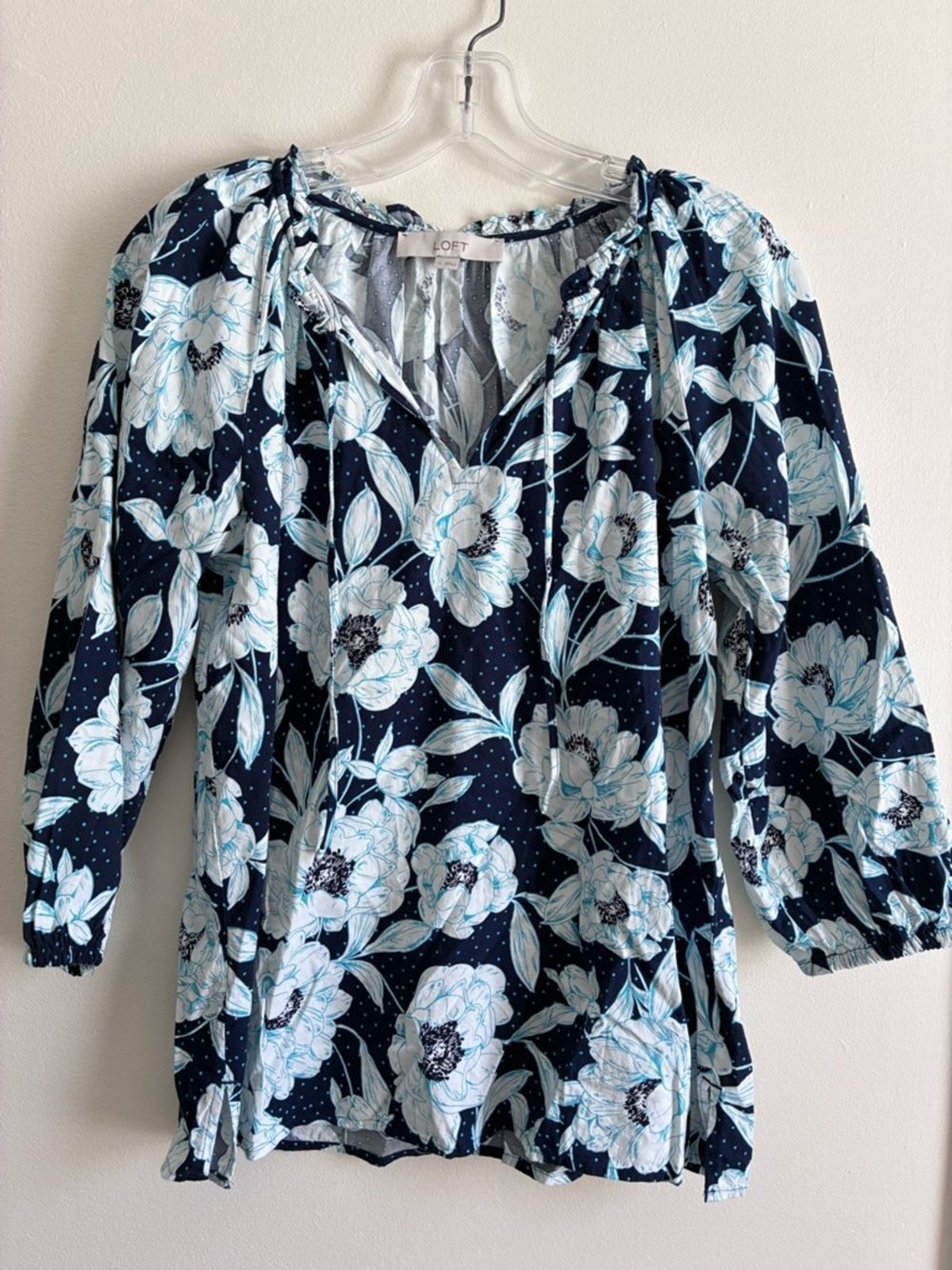 LOFT Light Blue & Navy Floral Peasant Top