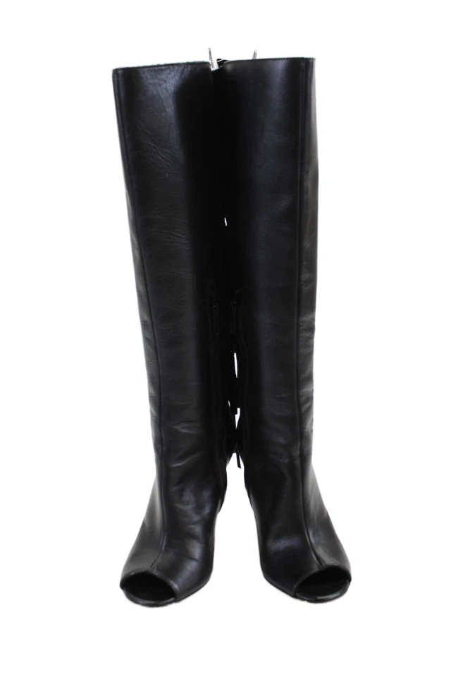 Carolina Herrera Mujer Cuero Flecos Punta abierta Botas Hasta la Rodilla Zapatos Negros Talla 7 Foto 2 de 4