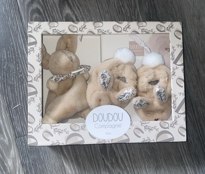 Doudou et Compagnie Plüsch Rassel Kaninchen Hausschuhe 0-6 Monate & Bettdecke Neu Karton