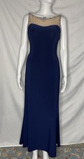 Sherri Hill Long Prom Party Dress 6 Navy Crystals Beads Low Back Illusion Fitted