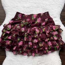Y2K Abercrombie  Fitch Burgundy Ruffle Mini Skirt Pink Floral Print sz Small