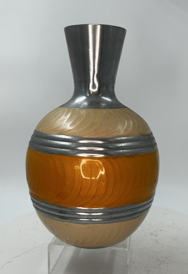 #ad MCM Spun Aluminum amp; Lucite Vase Amber Orange Band Faux Wood Grain Modernist 9” $29.95