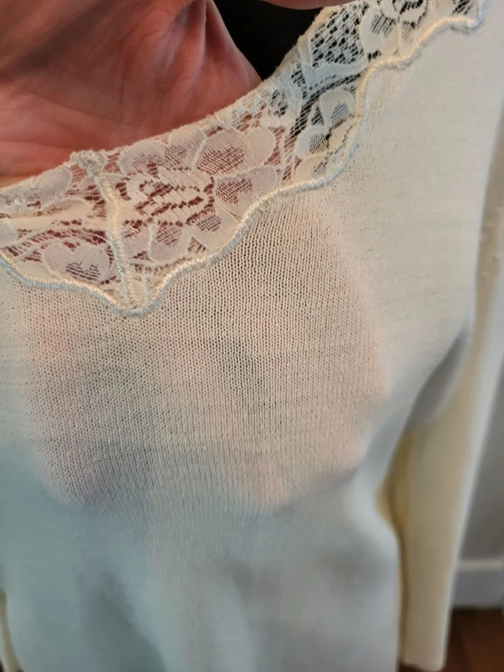 Suéter Vintage Y2k Crema Calibre Fino Borde de Encaje Elástico L Hada Coqueta Casa de Campo Foto 4 de 4