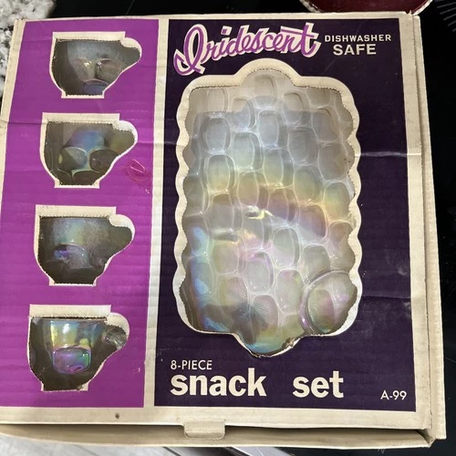 Vintage Federal Glass Iridescent Snack Set Original Box Set Of 4 Plates & 4 Cups