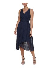 DKNY Womens Navy Tie Belt Lined V Back Sleeveless Midi Faux Wrap Dress 4