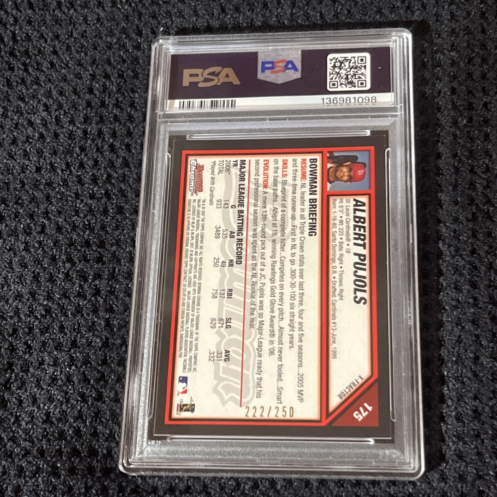 2007 BOWMAN CHROME XFRACTOR #175 Refractor ALBERT PUJOLS /250 PSA 9 AF42 view 2
