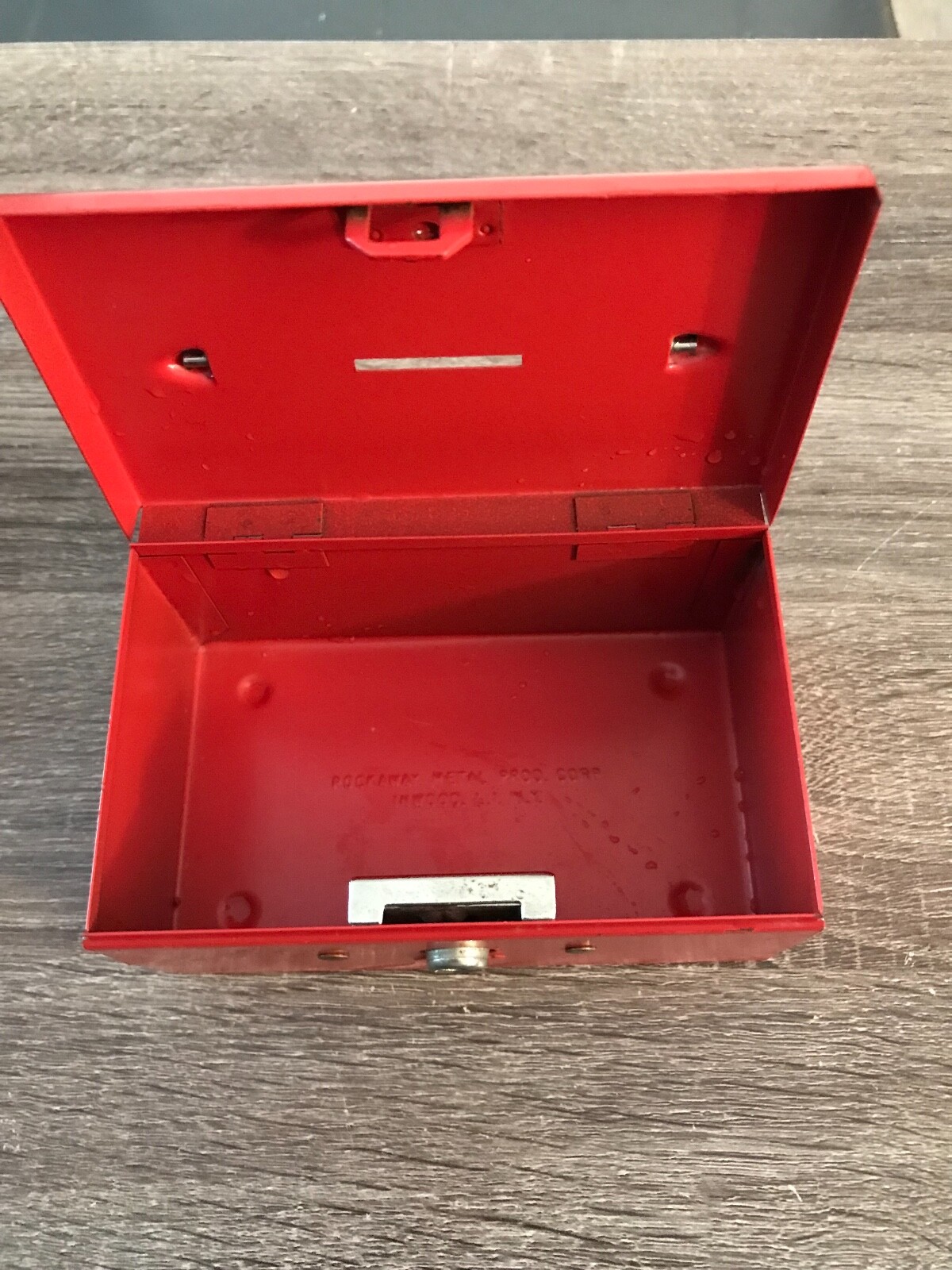 Vtg  Rockaway Metal co.  Coin Bank 5.5x3.5x2.5" No Key But Works Push Button RED