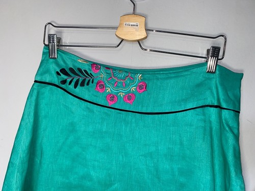 Monsoon Jade green embroidered silk & linen A line skirt size 14 below knee - Picture 3 of 5