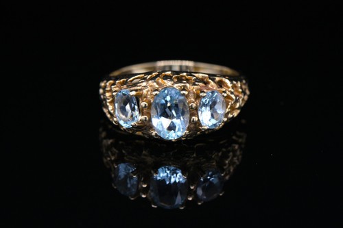 9ct Topacio Azul Oro Amarillo 3 Piedra Gypsy Talla N Compromiso Anillo Ru Hecho - Imagen 8 de 12