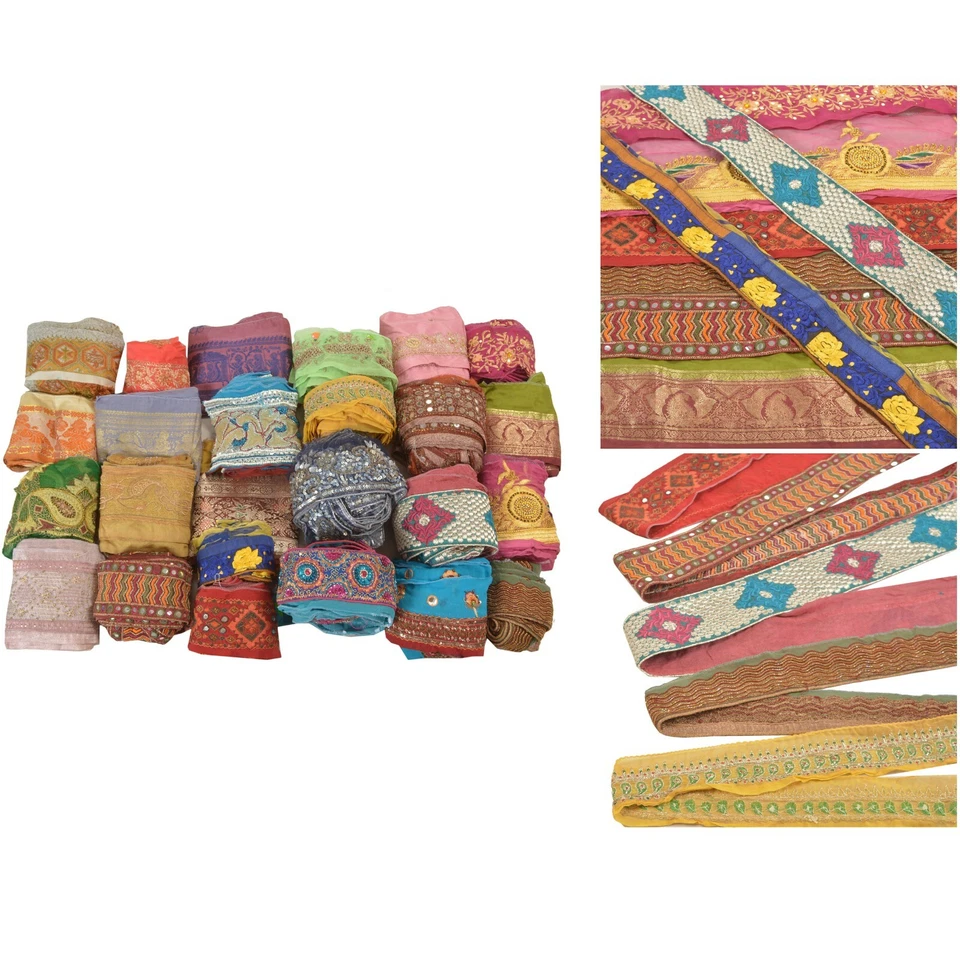 Sanskriti Vintage Assorted Sari Border Antique Handmade 25 YD Sewing Craft Lace - Image 3 of 4