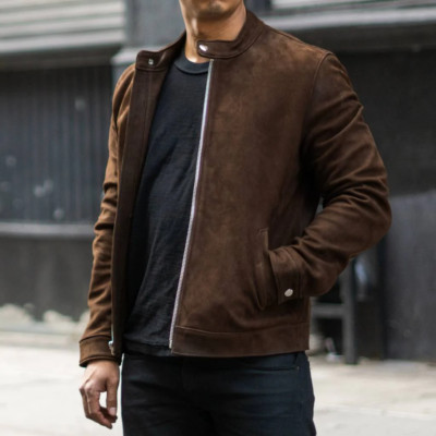 Men Brown Racer Leather Jacket Pure Suede Motorcycle Size XS S M L XL XXL - 083