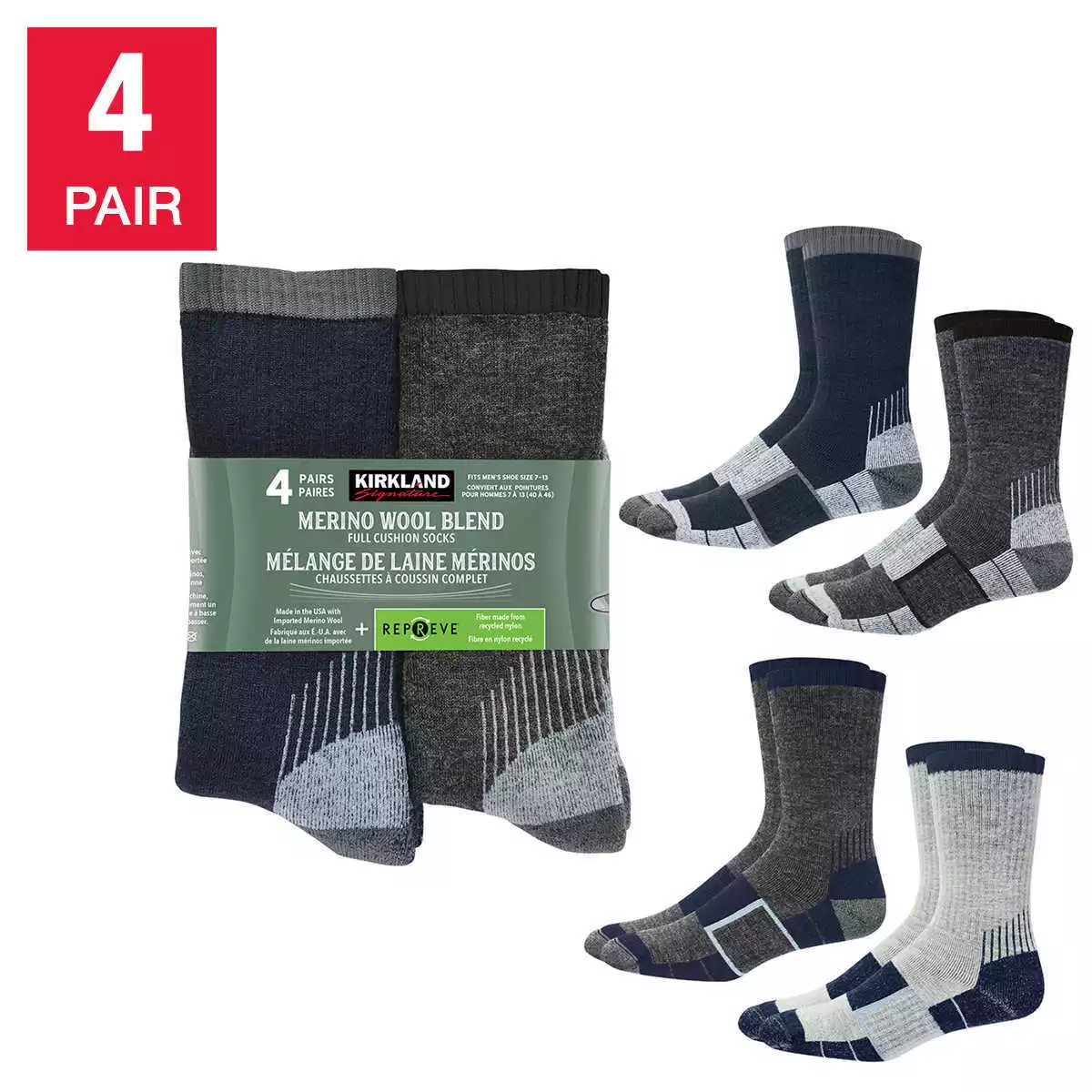 Men's Kirkland Merino Wool Sock, 4 Pair Navy/Charcoal/Grey/Navy Combinat  7771320