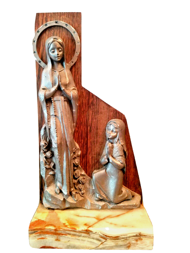 Figurine Statue Religious Madonna Mary Rosary Girl Rose Garden Pewter Italy 8" - Picture 1 of 10