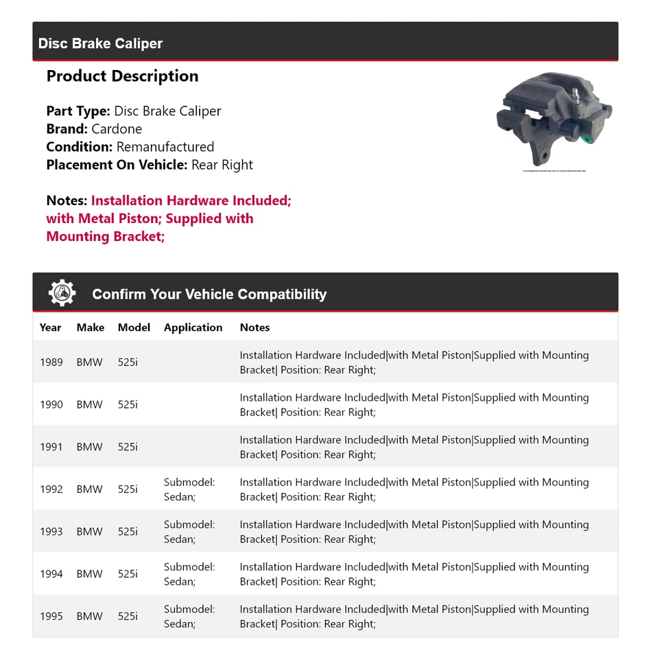 Pinza de freno de disco trasera derecha cardone 1990 1991 1992 1993 bmw 525i 1989-1995 Foto 2 de 4
