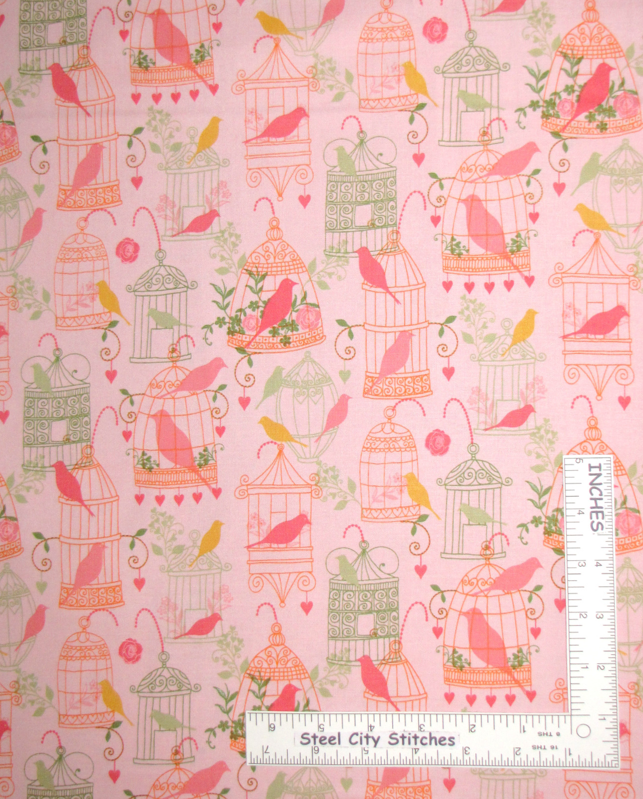 Bird Cage Birdies Cotton Fabric Pink Peach Timeless Treasures C3641 ~ Yard