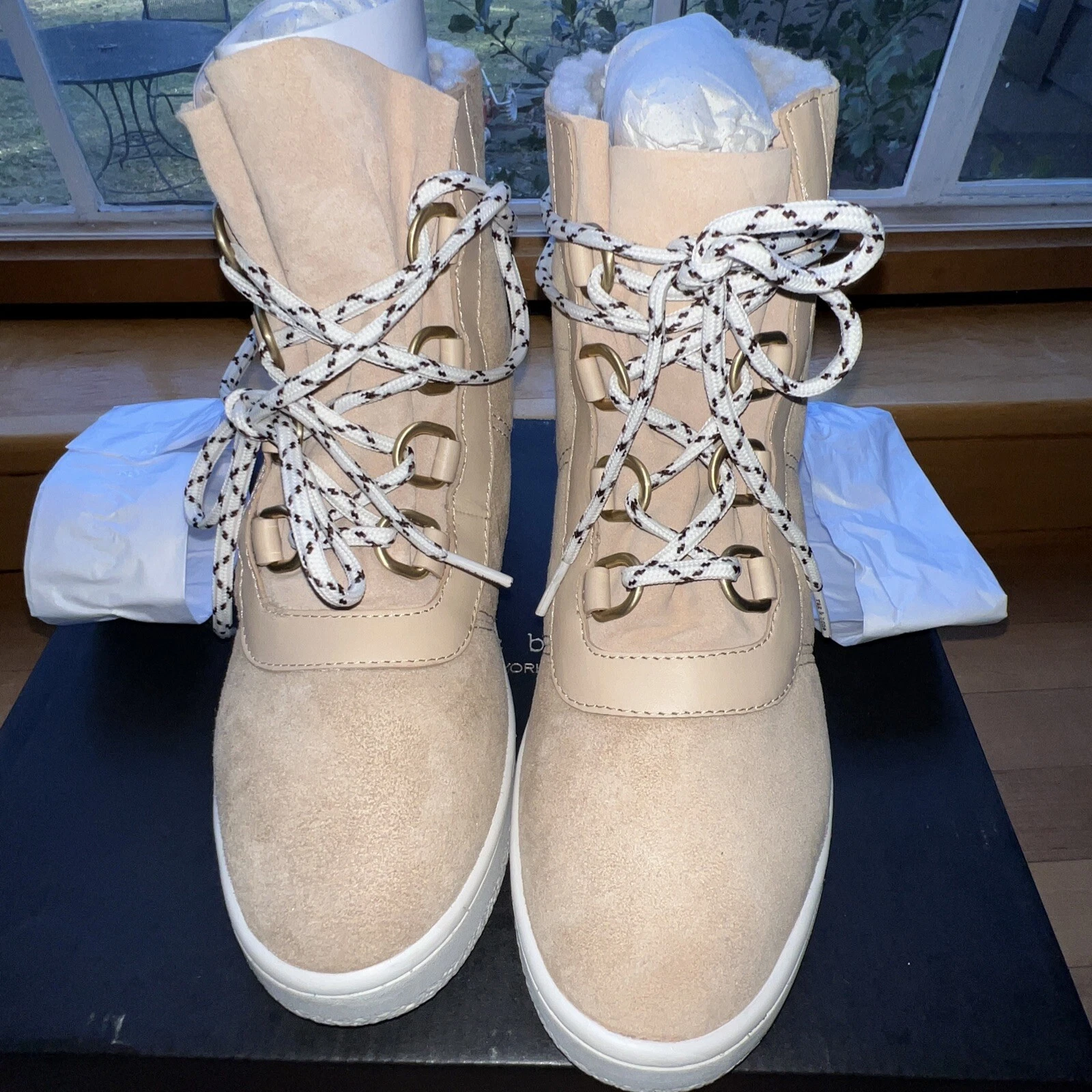 NIB Rag & Bone Sz 7 Oslo Lace Suede Shearling Lined Boots Stone Tan 37 New Box