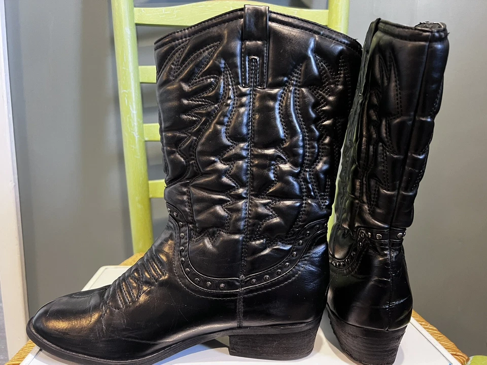 Bota de montar vaquera occidental negra de cuero sintético con tachuelas a mitad de pantorrilla bambú Rylee-01 Foto 3 de 4