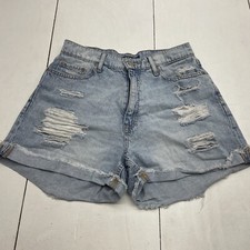 Aero Blue Denim High Rise Curvy Mom Shorts Distressed Cuffed Hem Women Size 8