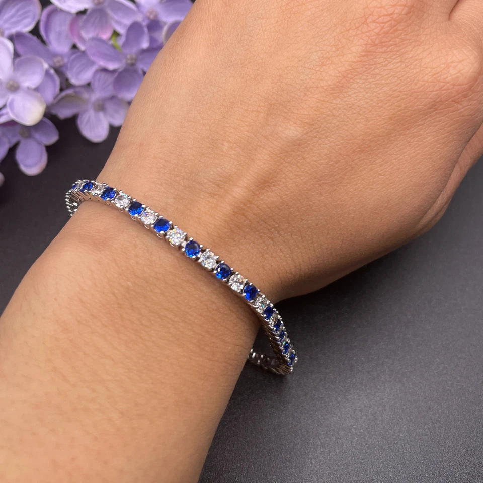 White Gold Finish Created Diamond Blue Sapphire Round Cut Tennis Bracelet - Image 3 of 4