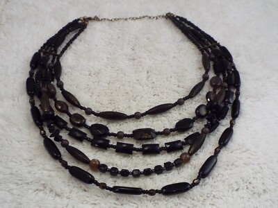 Multi Strand Black Brass-tone Bead Necklace (D25)