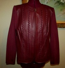 Nygard Sz M 10-12 Burgundy Zip Ft Leather & Knit Jacket With Zig Zag Ribbon Euc