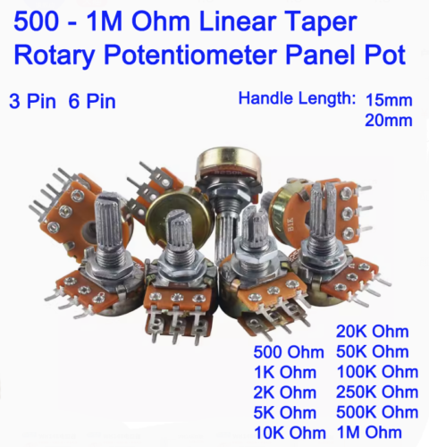 WH148 500R-1M Ohm Linear Taper Rotary Potentiometer Panel Pot 3/6Pin 15/20mm - Afbeelding 1 van 49