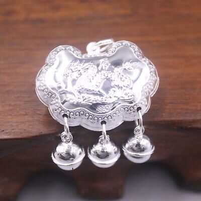 Pure S990 Sterling Silver Retro Lucky Gift Men Women 招财进宝 Bell Pig Pendant