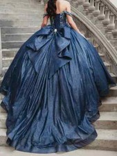 Elegant Blue Women Birthday Party Dresses Ball Gown Off Shoulder Crystal Lace
