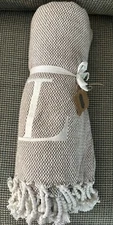 Mud Pie Tan White Initial Cotton Tassel Throw Blanket Monogram L BRAND NEW!