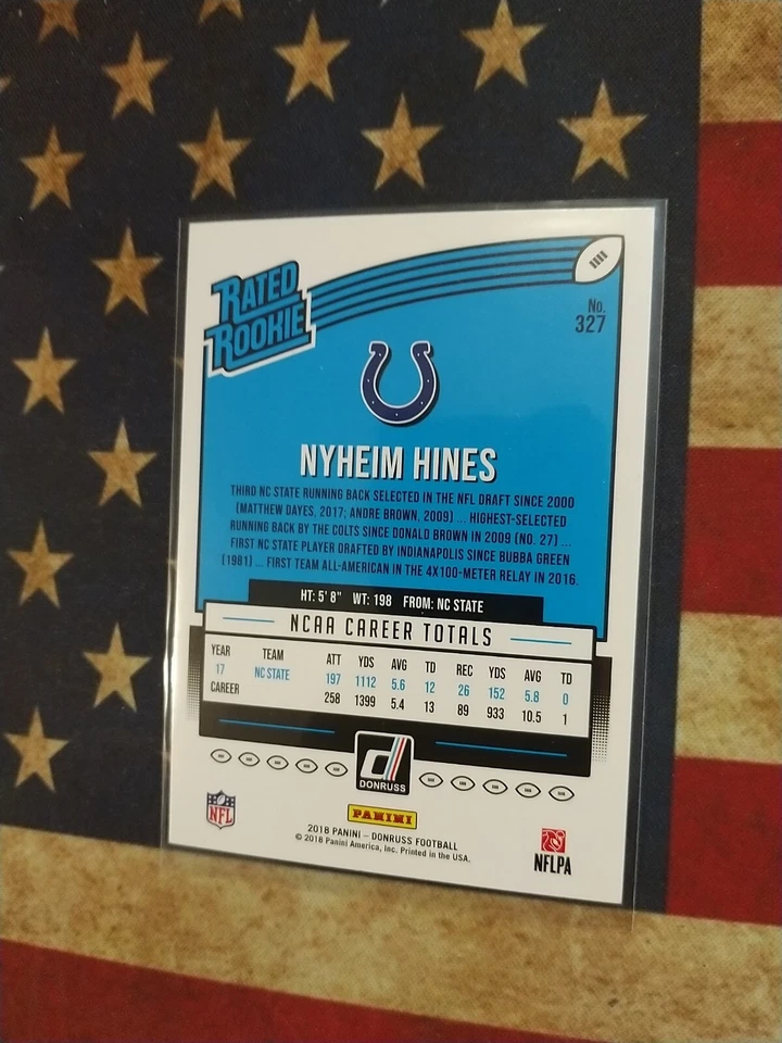 Nyheim Hines 2018 Donruss Rated Rookie Press Proof Blue Parallel RC #327 Colts - Image 2 of 2