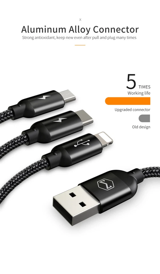 Mcdodo 3 in 1 Nylon Cable iPhone/Micro USB/Type C Sync charge for All Devices - Image 4 of 4