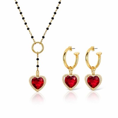 VANESSA MOONEY  Cherry Heart  Rosary Necklace and  Ruby Heart  Hoop Earrings Set