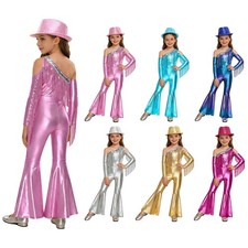 Kids Girls Jumpsuit Costume Rompers Off Shoulder Leotard Long Sleeve Metallic