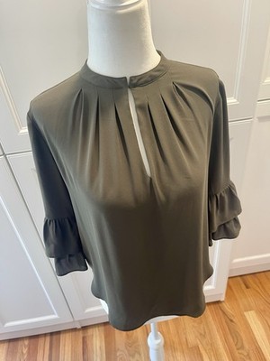Ann Taylor Blouse Olive Green Size XXSP Ruffle Sleeves 