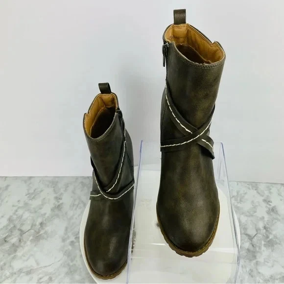 Botines de cuero con correa al tobillo grunge Wedge Utility Y2K 8,5 verde cremallera punta fiesta Foto 4 de 4