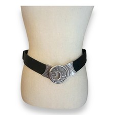Chico's Black Genuine Leather Belt Silver Medallion Etched Boho Buckle