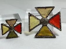 2 Hand Poured Resin Maltese Cross Brooches Unsigned Plique Au Jour Possibly JOY