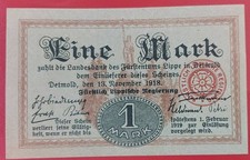 Germany Detmold Lippe 1 Mark 1918 aUNC