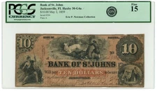 1859 Bank of St. Johns Jacksonville Florida FL $10 Obsolete PCGS F15 EPN (65474)