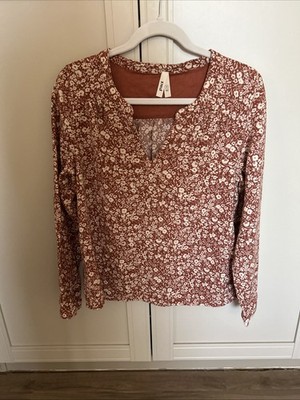 Pact Organic Cotton Cafe Crepe Poet Blouse Floral V-Neck Prairie Cottage Sz M