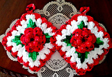 New Handmade Crocheted Set 2 Irish Rose Potholders Red Specks Green White Beads