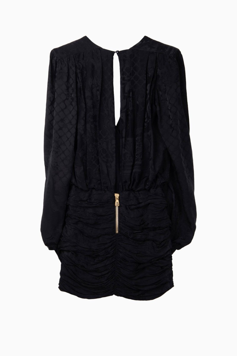 Balmain x H&M Black Long Sleeve Draped Jacquard-weave Silk Mini Dress Size  2 | eBay