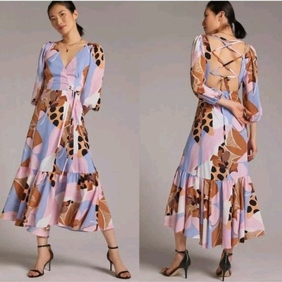 Anthropologie Dress Womens Sz L Hutch Bloom Wrap Midi Floral Open Back Strappy 