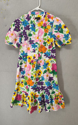 J Crew Women Dress 0 Yellow Floral Print Cotton Puff Sleeve Ruffle Knee Length