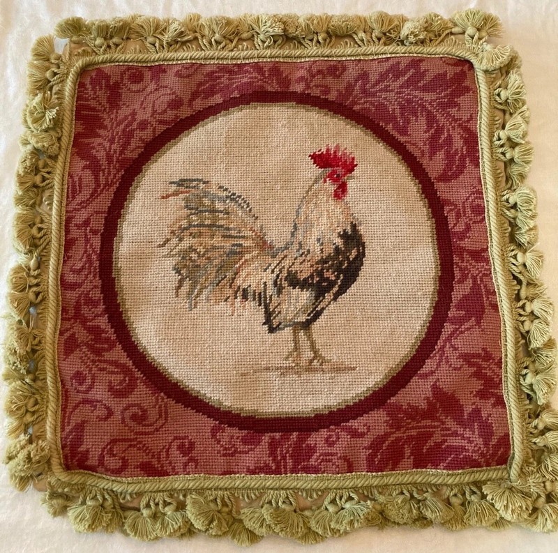 Vintage Aubusson style Needlepoint Zip Pillowcover FRENCH COUNTRY Rooster 18x18”
